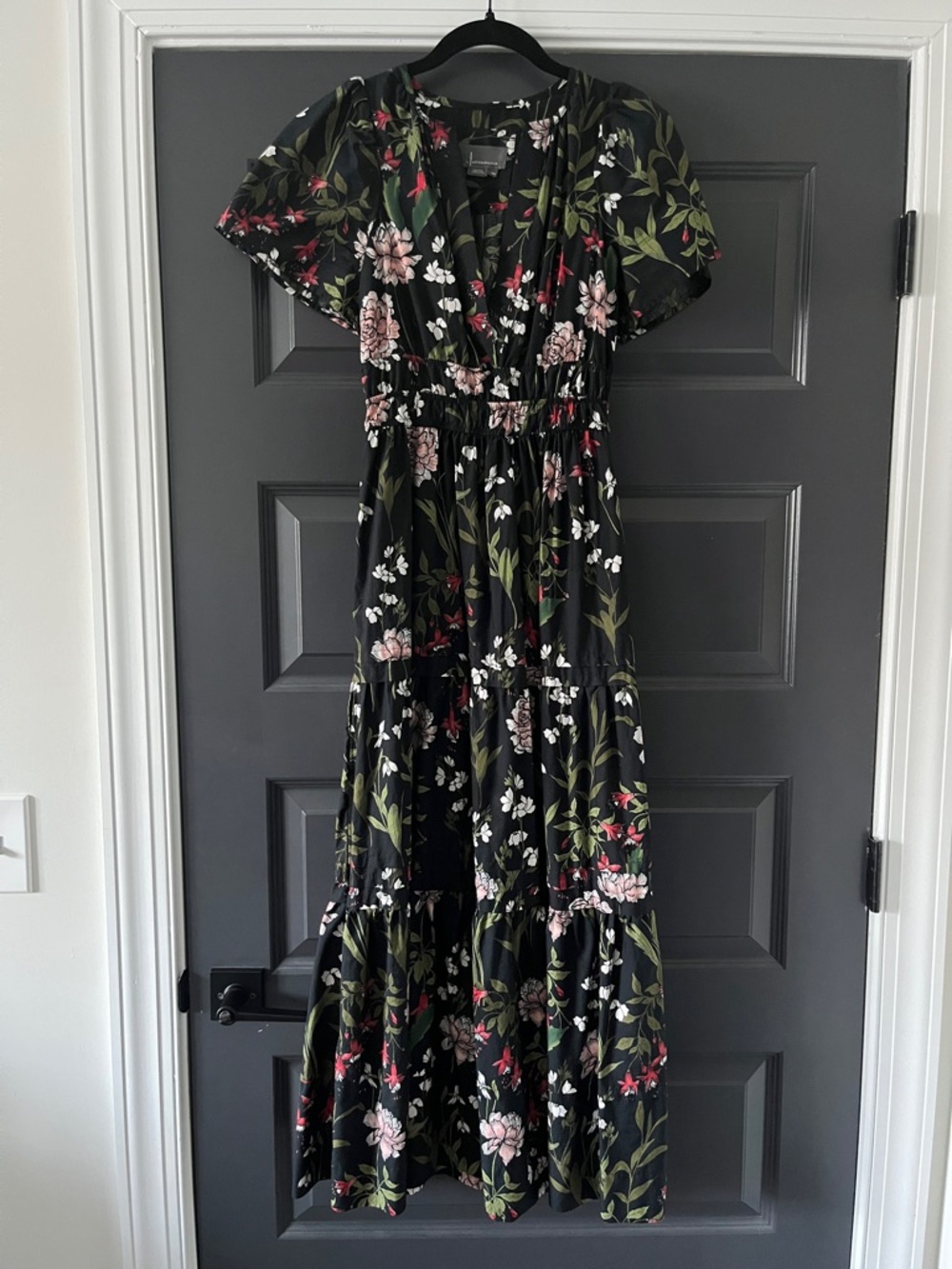 Anthropologie Black Maxi Dress with Pink & Green Floral Print